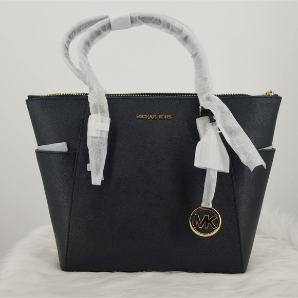 Michael Kors Charlotte Large Black Leather Tote Bag Zip Closure Gold Hardware - Picture 2 of 8